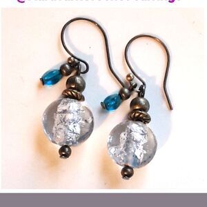 Blue Glass Antique Bronze Hooks Hidden Meaning earrings Fairy Fall , Poetc  511■